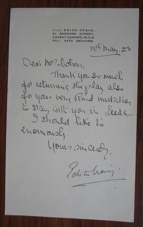 Signed letter from suffrage campaigner, theatre director and producer, and costume designer, Edith Craig
 Image